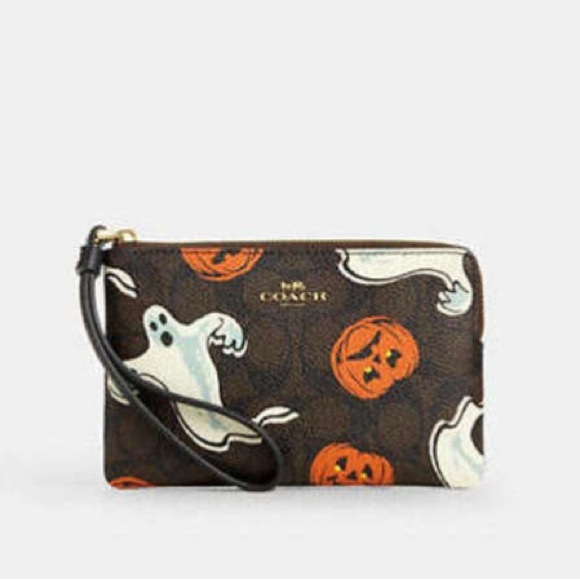 Authentic Coach Corner Zip Wristlet In Signature Canvas With Halloween Print Bag - Picture 1 of 3